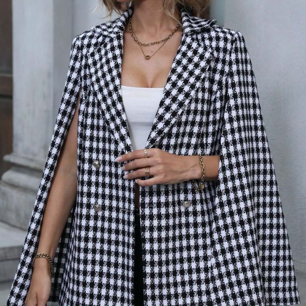 White & Black Preppy Houndstooth Print Cloak Sleeve Double Breasted Cape Blazer - Picture 4 of 5